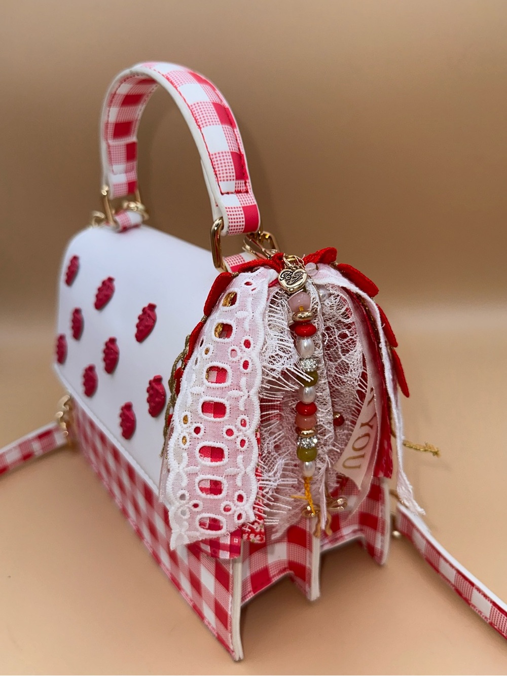 Betsey Johnson White & Red Strawberry Gingham Satchel w/ bonus handmade charm